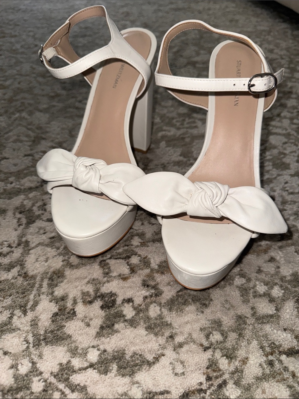 Stuart Weitzman Ivory Bow Ankle-Strap Block Heels